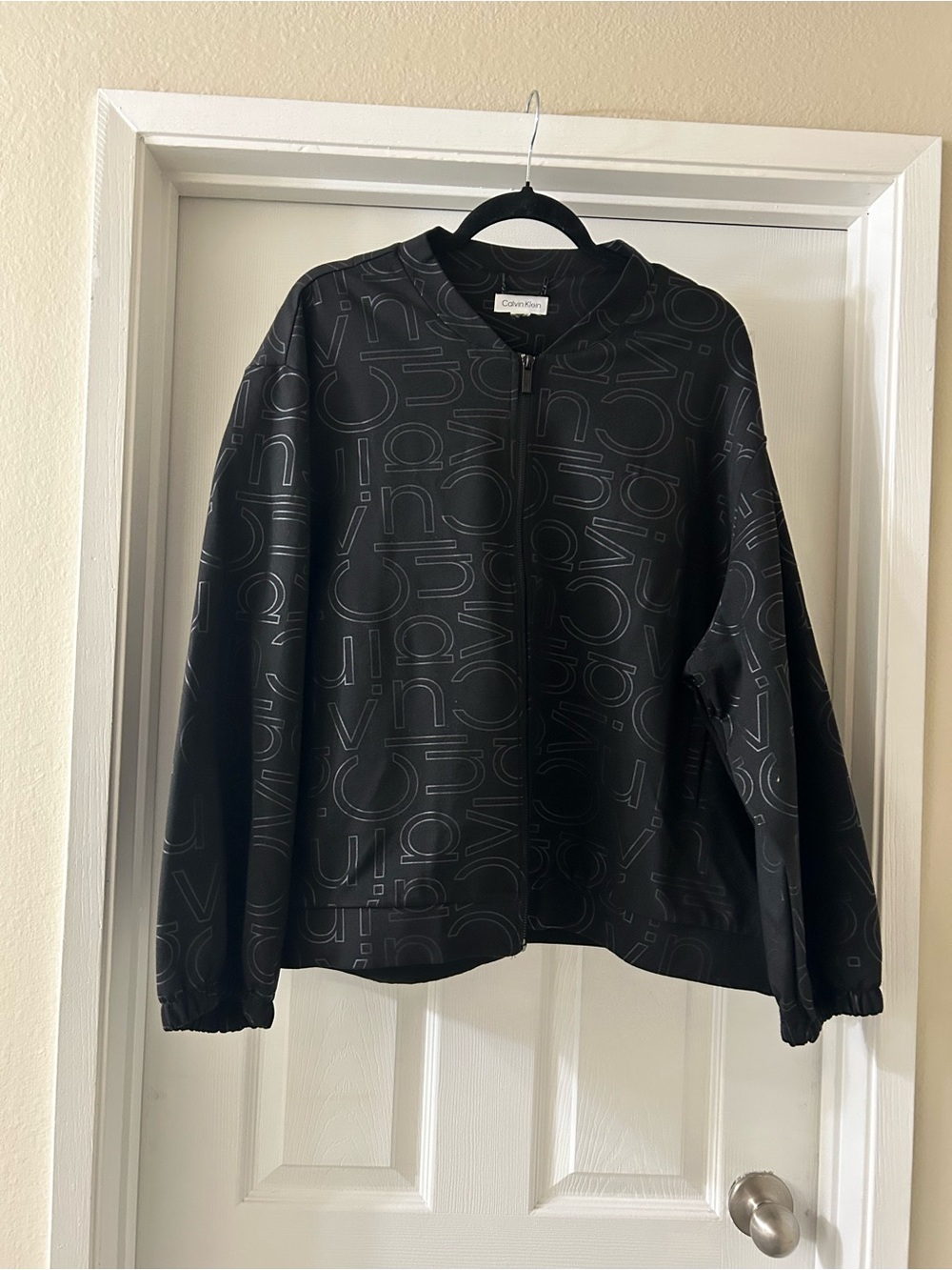 Calvin Klein Black Logo-Print Bomber Jacket with Subtle Monogram